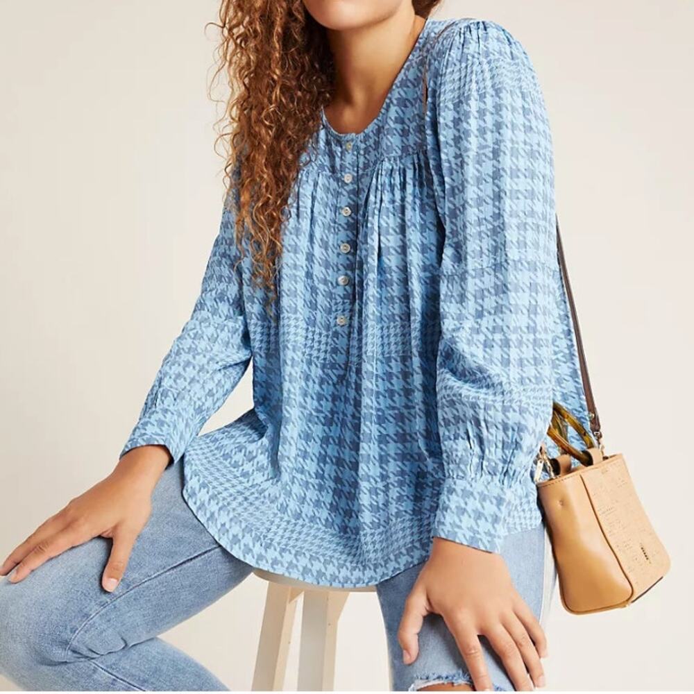 Roller Rabbit Anthropologie Blue Rakella Blouse Long Sleeve Oversize Fit Size L
